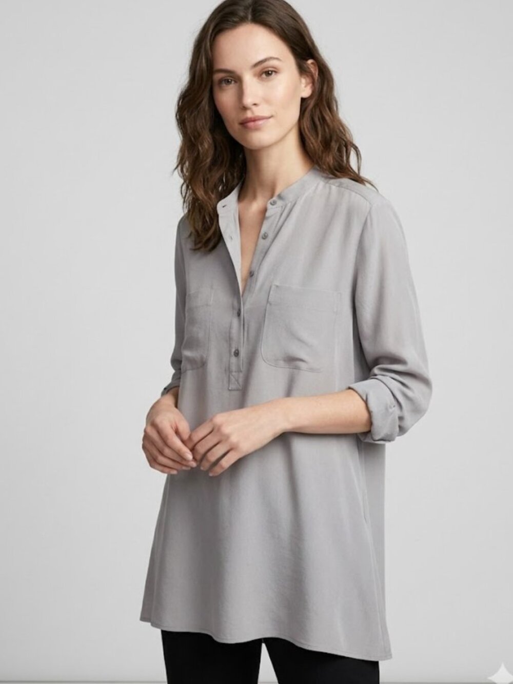 EILEEN FISHER 100% Silk Georgette Crepe Mandarin Collar Shirt Tunic